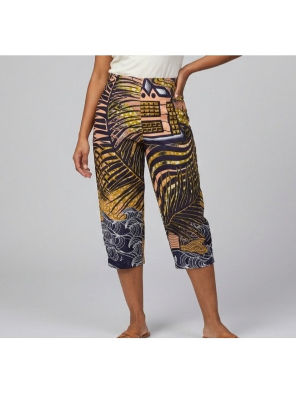 Tropical African Ankara Print Cotton Capri Pants - M, handmade!